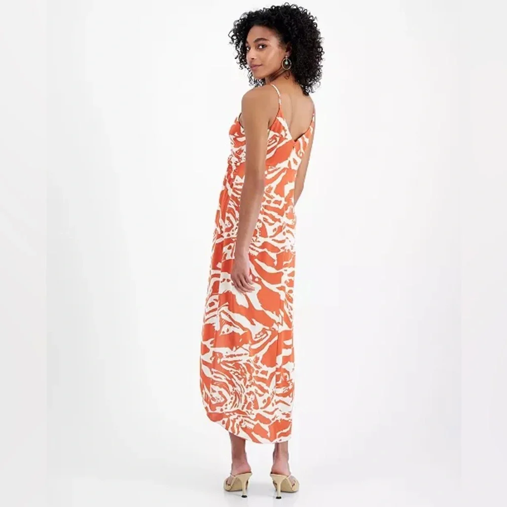 Bar III Printed Hammered-Satin Twist-Front Faux-Wrap Midi Dress Orange Cream‎ XL